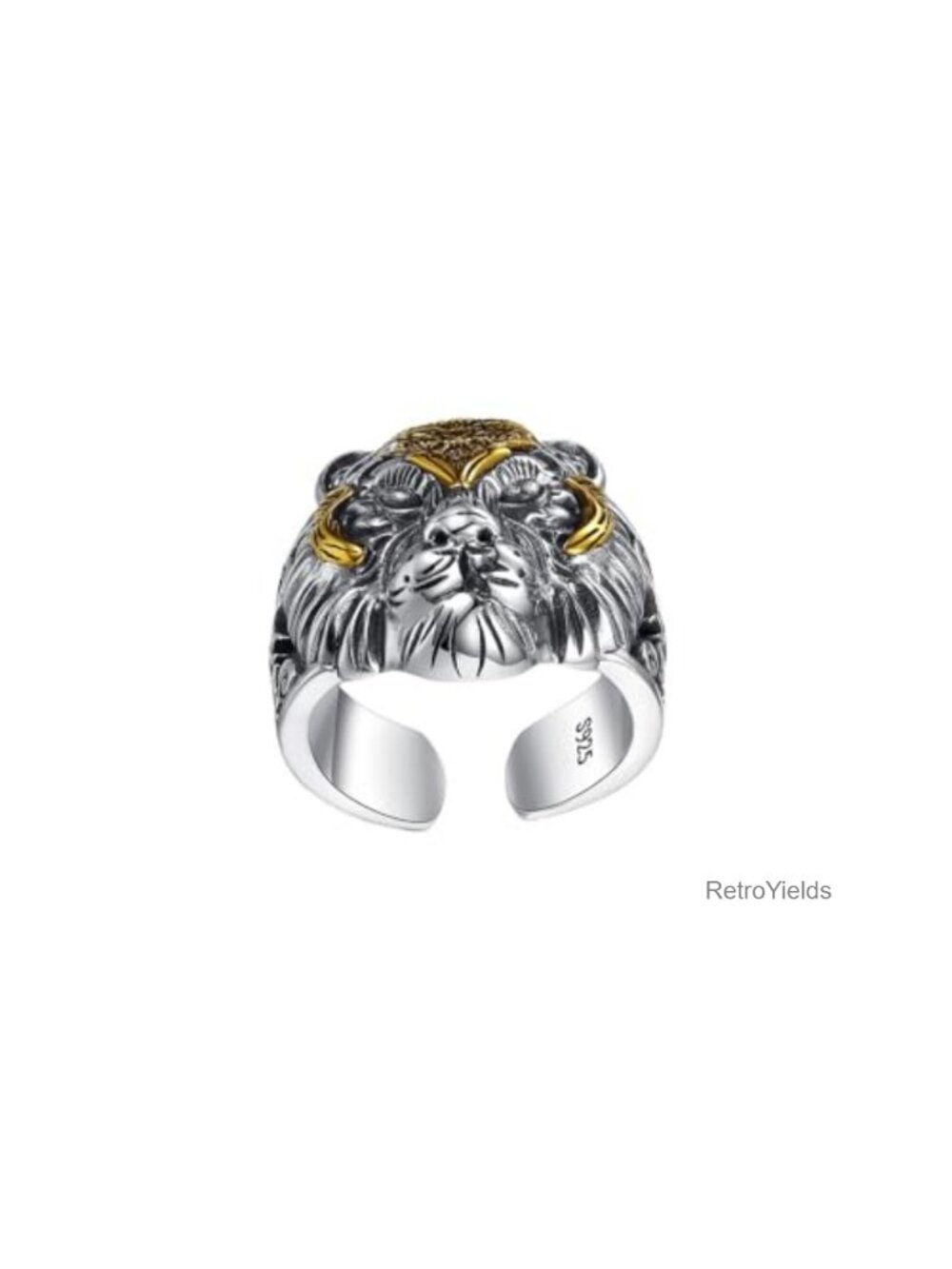 Sterling Silver Tiger Head Open Ring 18K Gold Accents Men's Adjustable